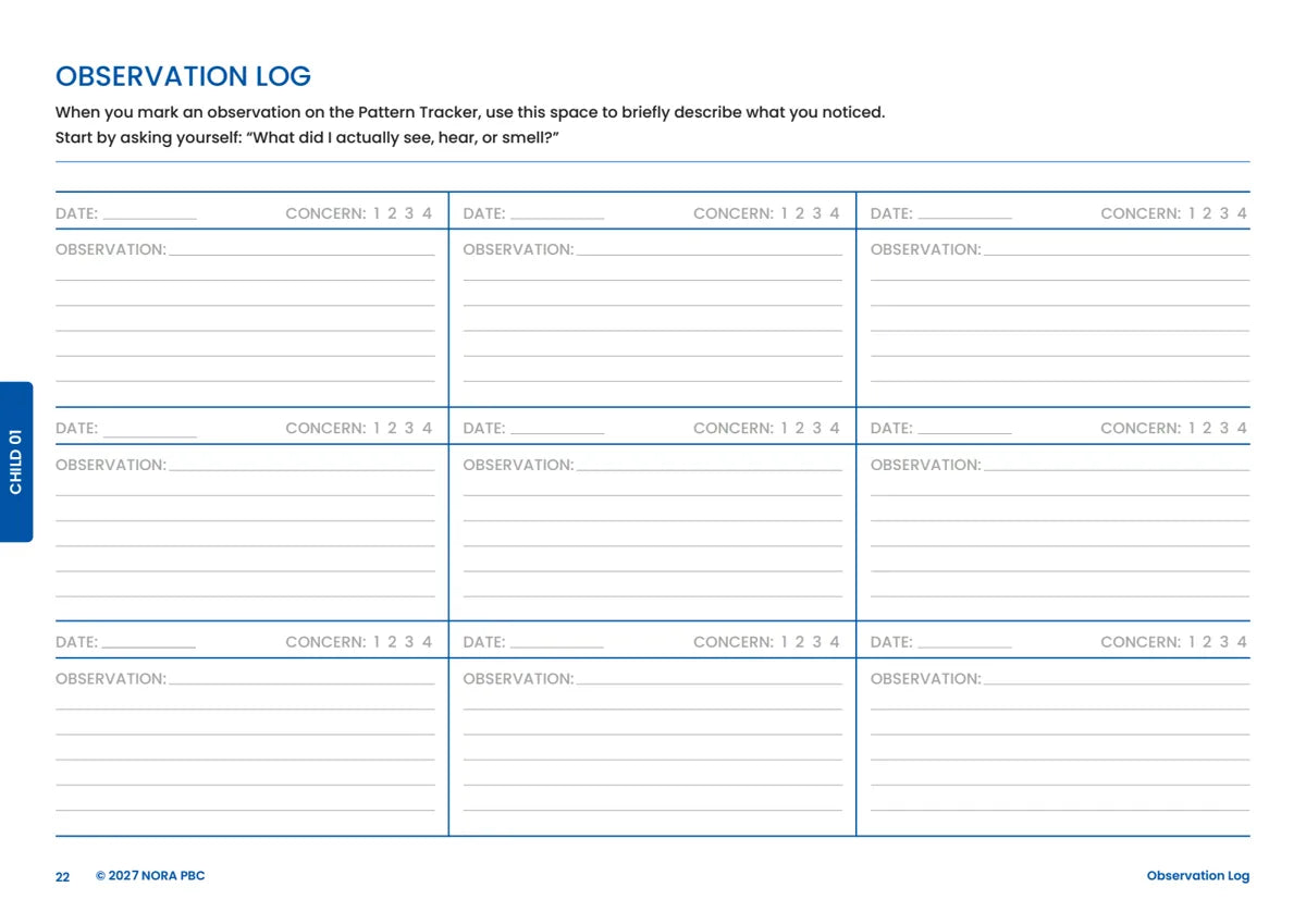 Observation Log detail with dated entry spaces