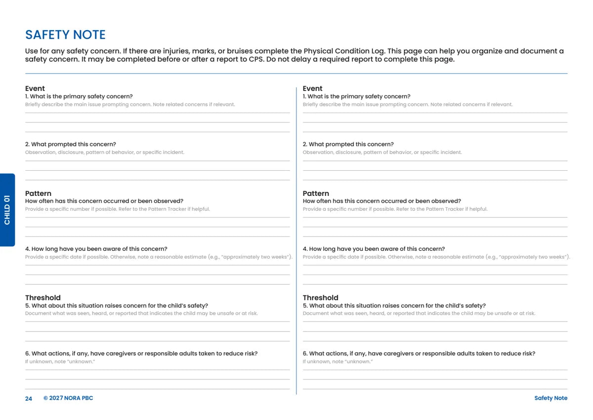 Safety Note detail with prompts to organize a concern